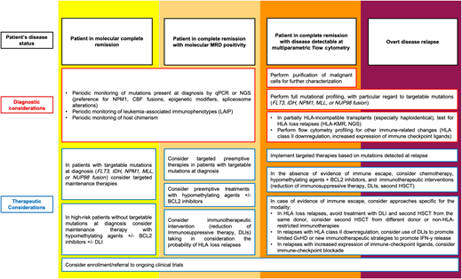 Suggested workflow for post-transplantation disease monitoring and selection of treatment options. CBF, Core binding factor; HSCT, hematopoietic stem cell transplanation; qPCR, quantitative polymerase chain reaction.