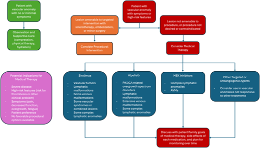 Treatment decision tree for patients with vascular anomalies. This decision tree outlines 1 approach to consideration of observation (green boxes), procedural intervention (orange boxes), or the use of targeted medical therapies (red boxes) for patients with vascular anomalies. In the purple box are outlined potential indications for medical therapies and in blue boxes are listed particular diagnoses most amenable to each therapeutic agent.