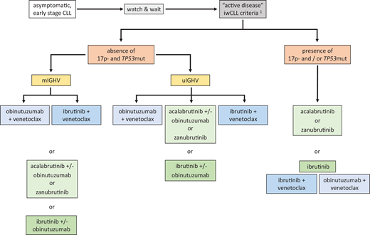 Suggested frontline treatment algorithm according to genetic CLL subgroups. Treatment is only indicated when iwCLL criteria of “active disease” are met.1 Stratification is by 17p−/TP53mut (17p−: deletion 17p by fluorescence in situ hybridization; TP53mut: TP53 mutation by sequencing) and IGHV mutation status. Treatment options are prioritized from top (preferred options) to bottom (alternatives). The principal stratification by genetic factors must be put into context with patient comorbidities, comedications, preferences, and delivery-of-care aspects that may modify the preferred treatment choice.
