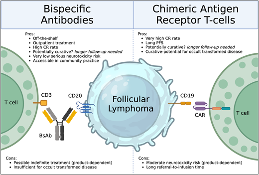 Pros and cons of bispecific antibodies vs CAR T cells for R/R FL. Made with BioRender.