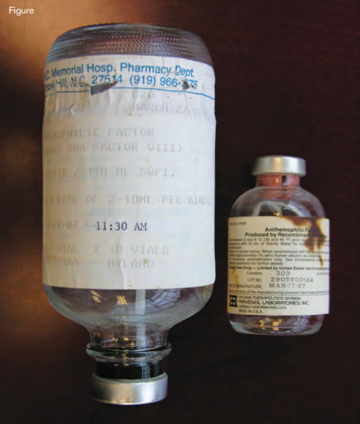 Material Used in the First Treatment With Recombinant FVIII (rFVIII) of a Patient With Hemophilia A. The infusion set used on March 27, 1987, in the General Clinical ResearchCenter at the University of North Carolina, Chapel Hill, is shown on the left. The vial containing the first clinical lot (#2905E001AA1) of rFVIII manufactured on March 17, 1987, is shown on the right (copyright G. C. White, II).