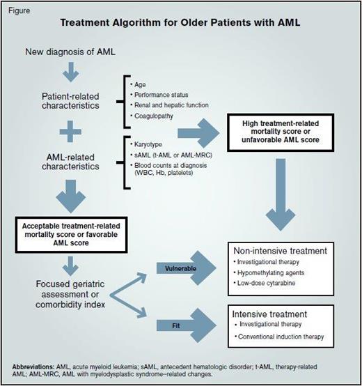 Treatment Algorithm for Older Patients with AML. Abbreviations: AML, acute myeloid leukemia; sAML, antecedent hematologic disorder; t-AML, therapy-related AML; AML-MRC, AML with myelodysplastic syndrome--related changes.