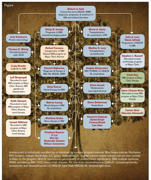 . / Arrows point to individuals recruited by, or mentored by a senior program member. Blue boxes indicate Rochester, MN, location; orange, Scottsdale, AZ; green, Jacksonville, FL. Lighter-colored boxes indicate recruits from outside of Mayo to the program. MGUS, monoclonal gammopathy of undetermined significance; MM, multiple myeloma; SMM, smoldering MM; HCD, heavy chain disease; Rd, low-dose dexamethasone; CyBorD, cyclophosphamide, bortezomib, and dexamethasone; LC-MGUS, light-chain MGUS; AL, amyloid light-chain.