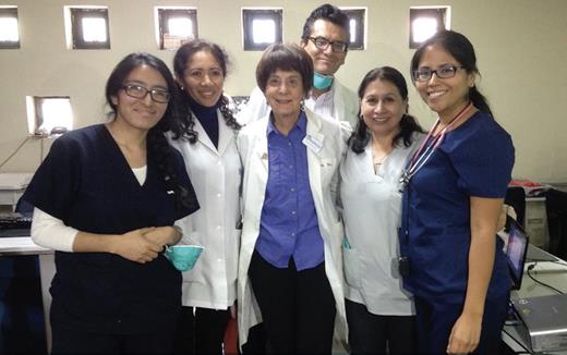 Health Volunteers Overseas in Peru. L to R: Dr. Evelyn Marron (resident); Dr. Carmen Flores; Dr. Susan Harris (project director, HVO-ASH, Heme Peru); Dr. José Malaga; Dr. Mariela Fuentes (director of hematology, Escobedo/ Arequipa); Dr. Alejandra Vera (resident).