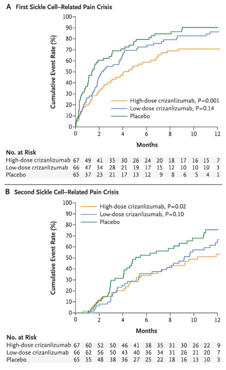 Cumulative Event Rates Among Patients at First (A) and Second (B) Sickle Cell-Related Pain Episodes. From N Engle J Med, Ataga KI et al, Crizanlizumab for the Prevention of Pain Crises in Sickle Cell Disease, Volume 376, Page 429-39. Copyright © 2017 Massachusetts Medical Society. Reprinted with permission from Massachusetts Medical Society.