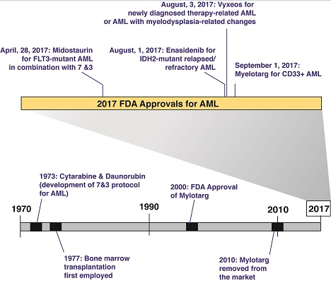Timeline of U.S. Food and Drug Administration-approved therapies in acute myeloid leukemia, highlighting progress in approvals for 2017.