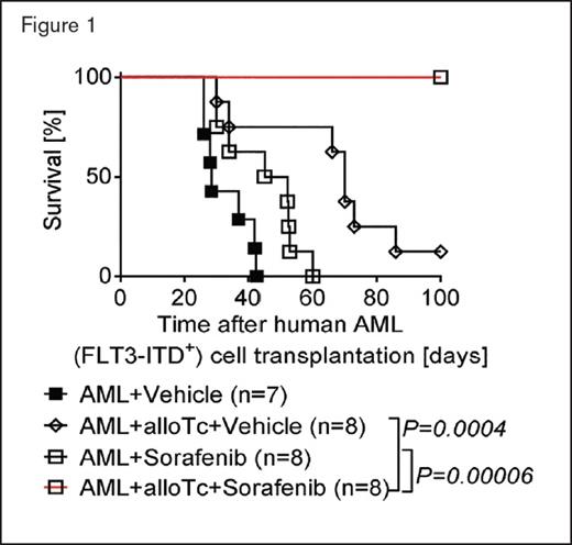 Percentage survival of NSG mice injected with primary human FLT3-ITD+ acute myeloid leukemia (AML) cells derived from an HLA-A2+ patient with or without additional allogeneic human CD8+ T cells that had been stimulated and expanded in the presence of autologous dendritic cells expressing allogeneic HLA-A2 upon RNA transfection in vitro. Mice were treated with vehicle or sorafenib as indicated. The experiment was performed twice with similar results; n values represent biologically independent mice. p values were calculated using the two-sided Mantel-Cox test.
