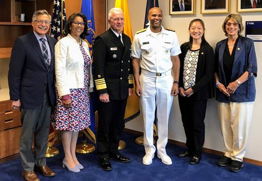 Pictured (L-R): Dr. Roy Silverstein, Dr. Alexis Thompson, ADM Brett P. Giroir, VADM Jerome M. Adams, Dr. Stephanie Lee, and Dr. Susan Shurin