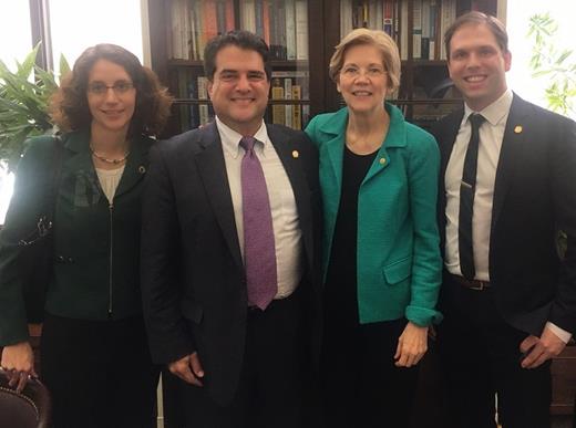 Pictured (L-R) Sarah Holstein, MD, PhD; Alan Rosmarin, MD; Sen. Elizabeth Warren (D-MA); Jonathan Hoggatt, PhD
