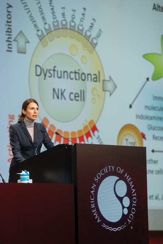 Dr. Claudia Lengerke presents a talk on natural killer cells in acute myeloid leukemia during the ASH-EHA Joint Symposium.