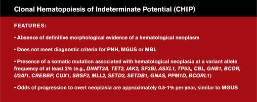 A proposed definition of CHIP. A mutation that is commonly associated with clonal expansion of hematopoietic cells in older persons should be present, whereas criteria for other diagnoses should not be met. From Steensma DP et al. Clonal hematopoiesis of indeterminate potential and its distinction from myelodysplastic syndromes. Blood. 2015;126(1):9-16.