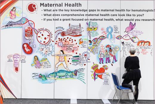 The 2022 Community Collage focusing on maternal health being populated with illustrated renderings of attendee ideas and reflections.