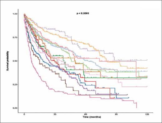 Kaplan-Meier analysis showing overall survival for patients in each genomic cluster, with marked differences in outcomes among the different genomic clusters. The color coding for each survival curve corresponds to the clusters indicated in Figure 1A (adapted from Supplementary Figure 11 in Kewan T, et al. Nat Comm. 2023;14:3136).