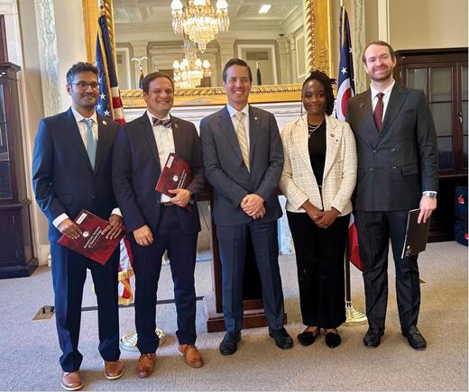 From left to right, Dr. Saurabh Rajguru, Dr. John Molina, Sen. Bernie Moreno (R-OH), Naa Dromo Korley, and Dr. Mark Orland during a meeting on Capitol Hill on Tuesday, September 9, 2025