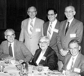 Attendees pause for a photo at the 25th annual meeting. In the back, from left to right, are Drs. C. Lockard Conley, Ernest Beutler, and Ernst Jaffé. In front, from left to right, are Drs. John Harris, Helen Ranney, and Samuel Rapaport.