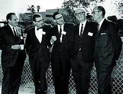 From left to right: Drs. Ray Owen, Theodore Spaet, Ernest Beutler, William Dameshek, and Leon Jacobson converse during a symposium sponsored by Dr. Beutler at City of Hope in 1961.