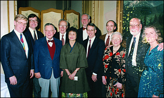 A group photo taken at a reception honoring Dr. Finch at the 1995 annual meeting in Seattle. From left to right: Drs. Michael Miller, John Adamson, Charlie Rath, Dan Coleman, Eugenia Finch, Clem Finch, John Harlan, Yves Beguin, Elo Giblett, E. Donnall Thomas, and Dottie Thomas.