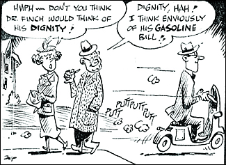 A cartoon from the UW student newspaper lampooning Dr. Finch's habit of driving about town on a tiny Vespa. Cartoon reprinted with permission from The Daily of the University of Washington.