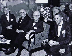 From left to right: Drs. Maxwell Wintrobe, William Dameshek, Thomas Hale Ham, William Williams and Fraser Mustard (in the back) at the American Society of Hematology annual meeting in 1965.