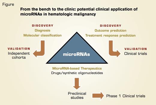 In This Schema, we Outline the Potential Clinical Applications of microRNAs in Hematologic Malignancies. Translation of molecular and prognostic biomarker discoveries to the clinic will require extensive validation in independent cohorts of patients using validated and reliable platforms for miRNA detection. These results should then be tested prospectively in clinical trials. Targeting microRNA’s expression in hematologic malignancy requires identification of the candidate microRNAs, evaluation of the different strategies to achieve expression modulation (drugs, antisense, or oligonucleotide mimics), and validation in preclinical animal models. Successful candidates then can be moved forward to phase I clinical trials for toxicity evaluation and pharmacokinetics/pharmacodynamics studies.